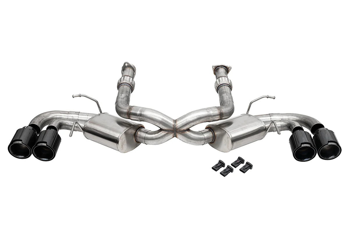 Corsa C8 Stingray Cat-Back Exhaust With Mufflers, No Valves, Carbon Fiber 4.5 Inch Tips With Gloss Black Inside 21108CFBLK